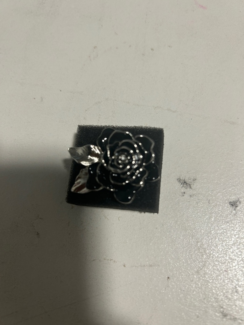Black Rose Floral Brooch Pin with Silver Leaves